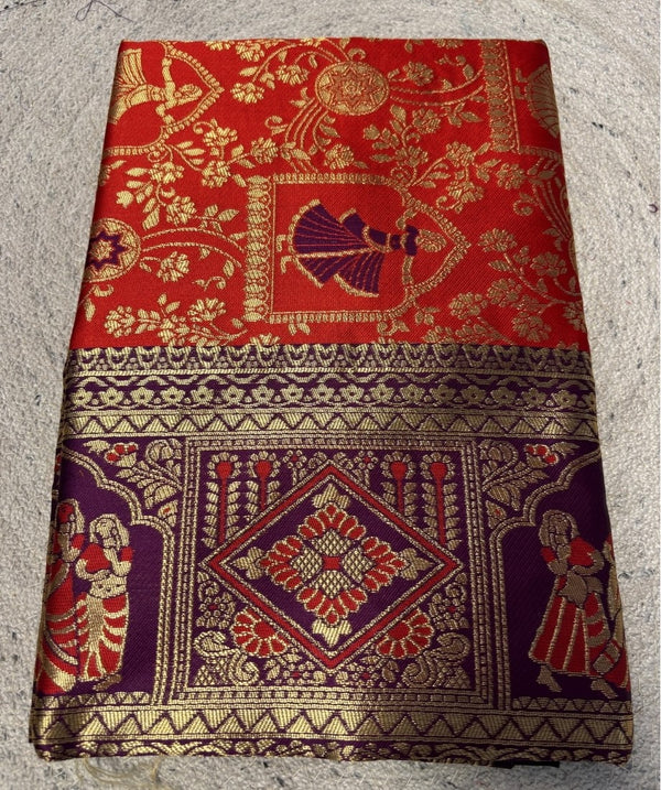 Women's Jacquard Printed Saree With Unstitched Blouse - 5.5 Mtr (Red-Purple)