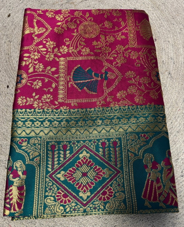 Women's Jacquard Printed Saree With Unstitched Blouse - 5.5 Mtr (Magenta-Teal)