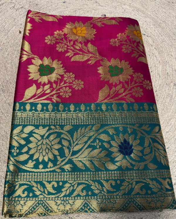 Women's Jacquard Floral Printed Saree With Unstitched Blouse - 5.5 Mtr (Magenta-Teal)