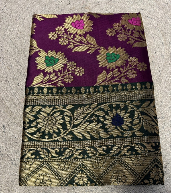 Women's Jacquard Floral Printed Saree With Unstitched Blouse - 5.5 Mtr (Purple-Dark Green)