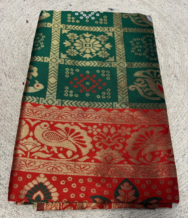 Women's Jacquard Printed Saree With Unstitched Blouse - 5.5 Mtr (Green-Red)