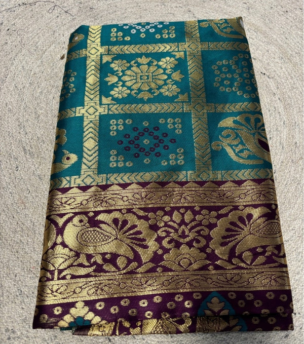 Women's Jacquard Printed Saree With Unstitched Blouse - 5.5 Mtr (Teal-Purple)
