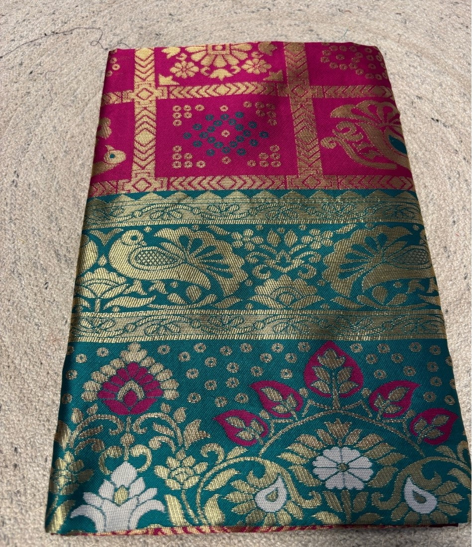 Women's Jacquard Printed Saree With Unstitched Blouse - 5.5 Mtr (Magenta-Teal)