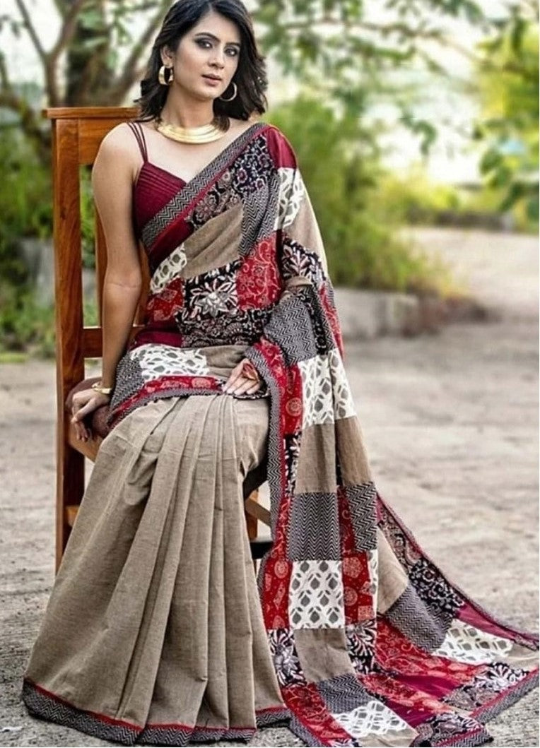 Women's Linen Cotton Printed Saree With Unstitched Blouse - 5.5 Mtr (Multicolor)