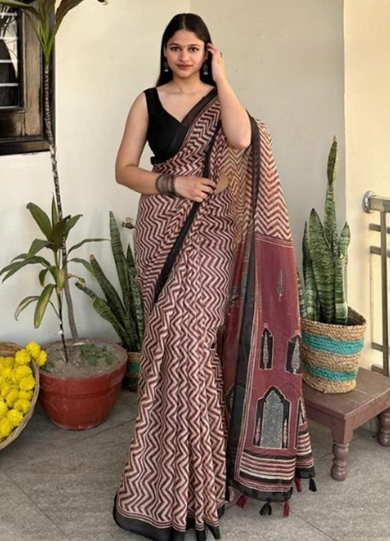 Women's Linen Cotton Printed Saree With Unstitched Blouse - 5.5 Mtr (Brown)