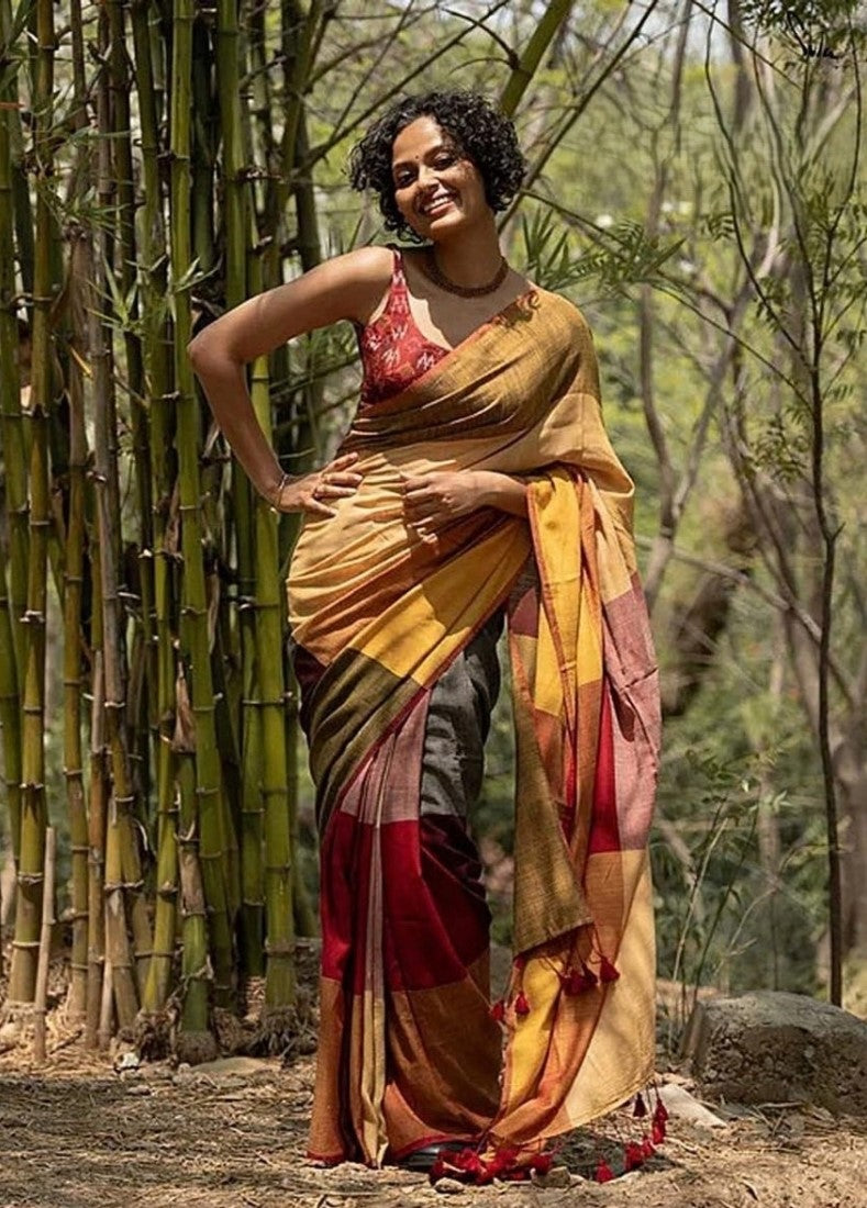 Women's Linen Cotton Checked Saree With Unstitched Blouse - 5.5 Mtr (Multicolor)
