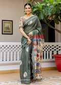 Women's Linen Cotton Printed Saree With Unstitched Blouse - 5.5 Mtr (Green)