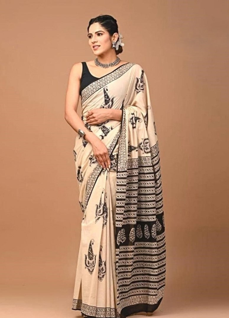 Women's Linen Cotton Printed Saree With Unstitched Blouse - 5.5 Mtr (Cream-Black)