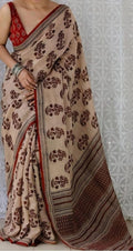 Women's Linen Cotton Printed Saree With Unstitched Blouse - 5.5 Mtr (Cream-Maroon)