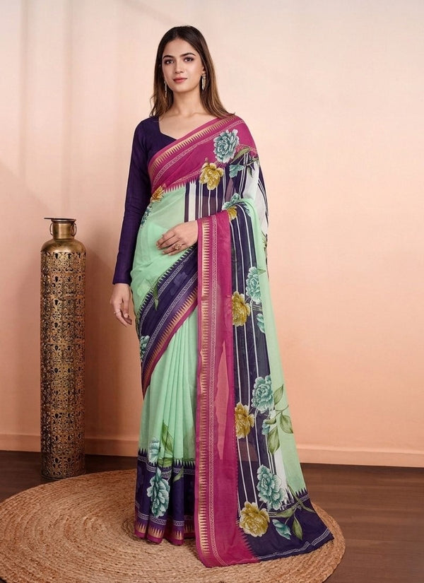 Women's Marshmallow Cotton Floral Printed Saree With Unstitched Blouse - 5.5 Mtr (Multicolor)