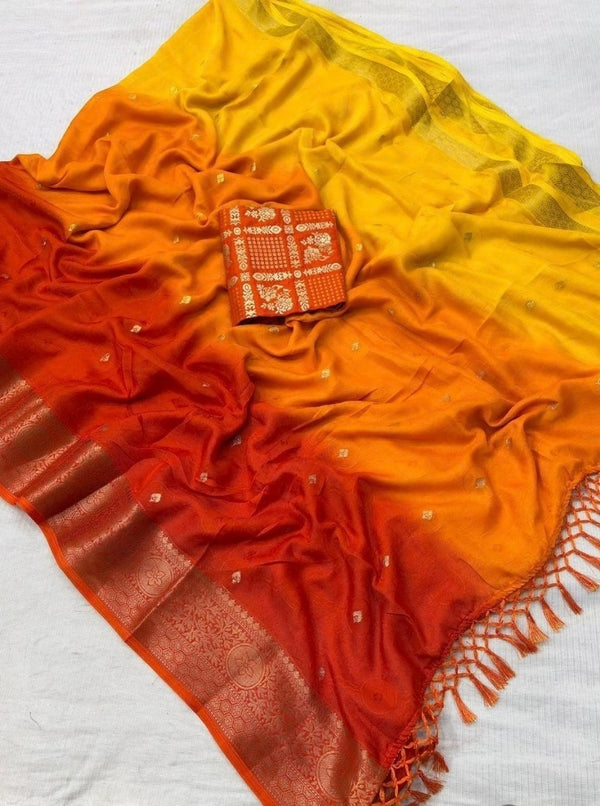 Women's Marshmallow Cotton Printed Saree With Unstitched Blouse - 5.5 Mtr (Orange-Yellow)