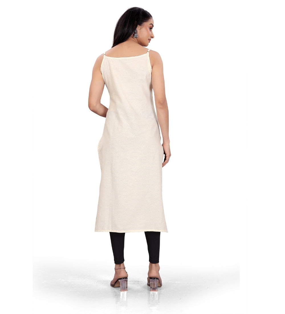 Women's Khadi Cotton Floral-Paisley Printed Scoop Neck Sleeveless Kurti (Off White)