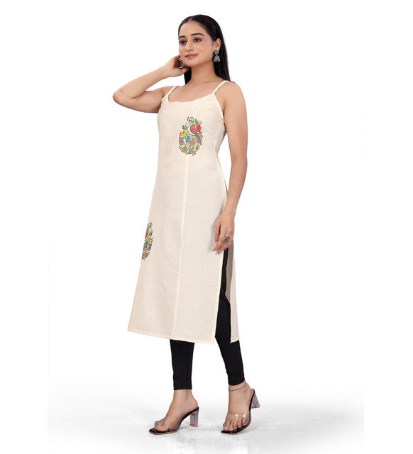 Women's Khadi Cotton Floral-Paisley Printed Scoop Neck Sleeveless Kurti (Off White)