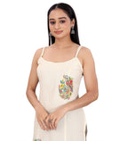Women's Khadi Cotton Floral-Paisley Printed Scoop Neck Sleeveless Kurti (Off White)