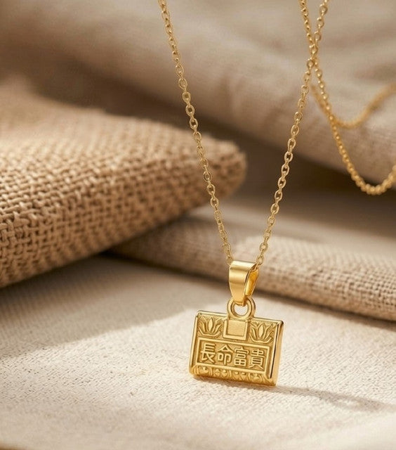 Women's Pack of 2 Brass Gold Plated Chinese Character Lock Necklace (Gold)-PID68262