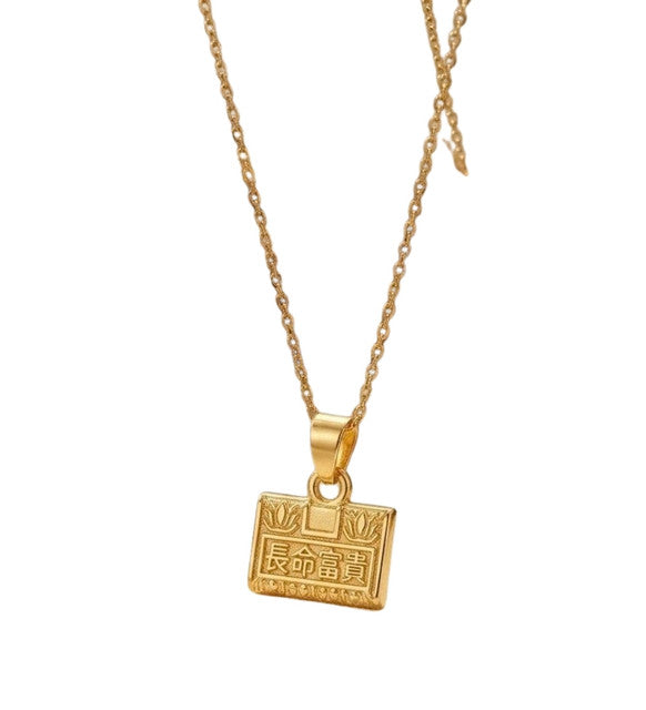 Women's Pack of 2 Brass Gold Plated Chinese Character Lock Necklace (Gold)-PID68262