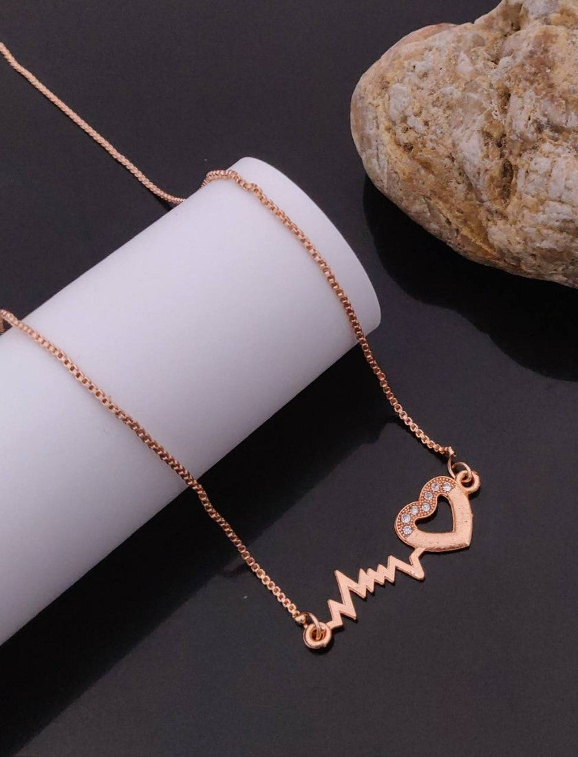 Generic Women's Pack of 2 Brass Gold Plated Heartbeat ECG Crystal Necklace (Gold)-PID68285