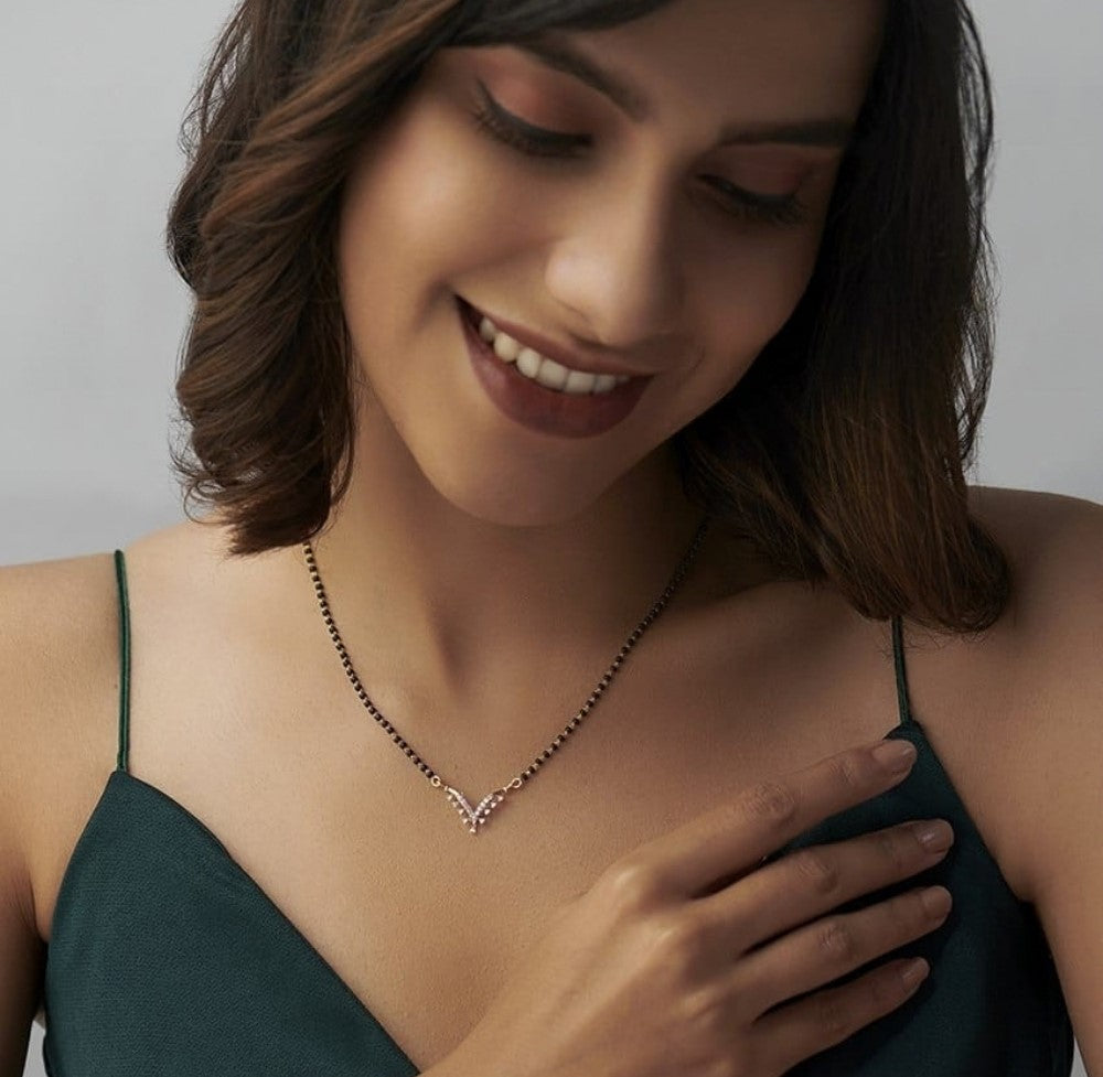 Women's Brass Gold Plated V-Shape Minimalist Mangalsutra (Multicolor)-PID68305
