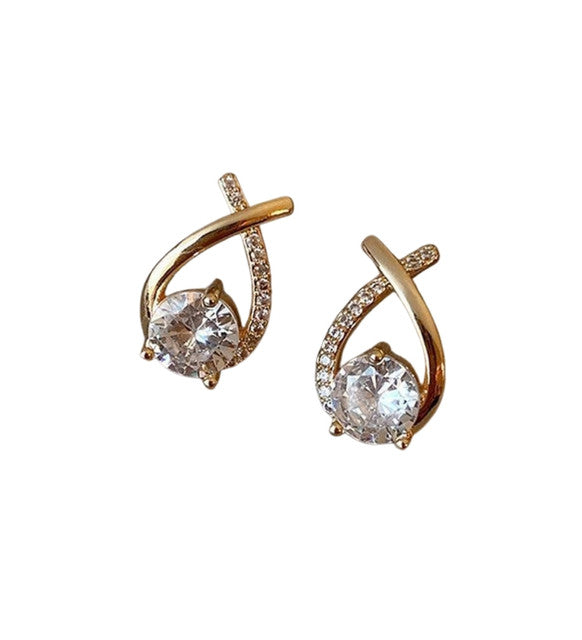 Generic Women's Pack of 2 Brass Gold Plated Crossover Twirl AD Stud Earrings (Gold)-PID68308