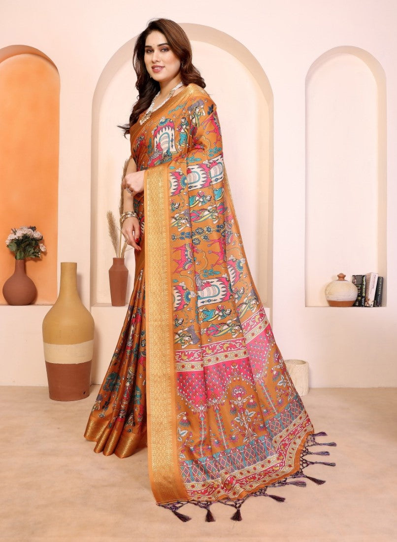 Women's Cotton Silk Kalamkari Printed Saree With Unstitched Blouse - 5.5 Mtr (Mustard-Orange)