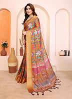 Women's Cotton Silk Kalamkari Printed Saree With Unstitched Blouse - 5.5 Mtr (Mustard-Orange)