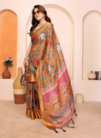 Women's Cotton Silk Kalamkari Printed Saree With Unstitched Blouse - 5.5 Mtr (Mustard-Orange)