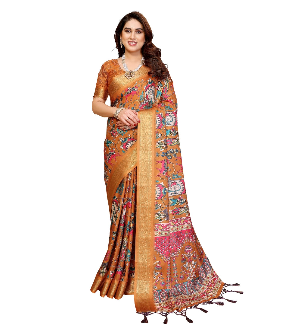 Women's Cotton Silk Kalamkari Printed Saree With Unstitched Blouse - 5.5 Mtr (Mustard-Orange)