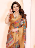 Women's Cotton Silk Kalamkari Printed Saree With Unstitched Blouse - 5.5 Mtr (Mustard-Orange)