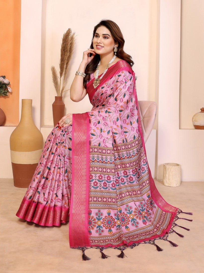 Women's Cotton Silk Floral Kalamkari Printed Saree With Unstitched Blouse - 5.5 Mtr (Baby Pink)