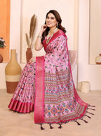 Women's Cotton Silk Floral Kalamkari Printed Saree With Unstitched Blouse - 5.5 Mtr (Baby Pink)