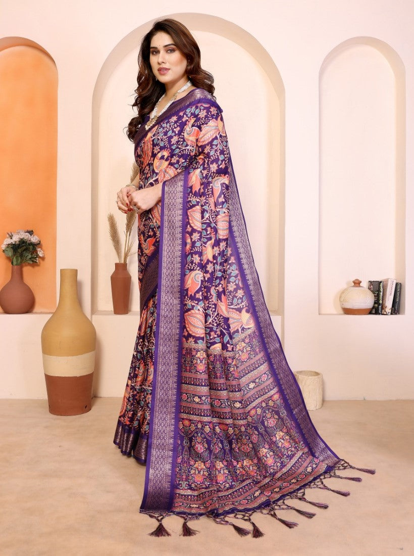 Women's Cotton Silk Floral Kalamkari Printed Saree With Unstitched Blouse - 5.5 Mtr (Purple)