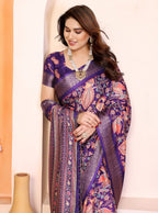 Women's Cotton Silk Floral Kalamkari Printed Saree With Unstitched Blouse - 5.5 Mtr (Purple)