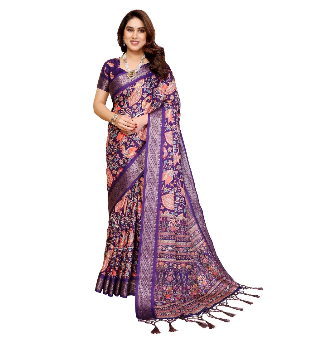 Women's Cotton Silk Floral Kalamkari Printed Saree With Unstitched Blouse - 5.5 Mtr (Purple)