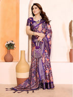 Women's Cotton Silk Floral Kalamkari Printed Saree With Unstitched Blouse - 5.5 Mtr (Purple)