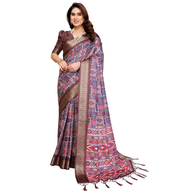 Women's Cotton Silk Kalamkari Printed Saree With Unstitched Blouse - 5.5 Mtr (Multicolor)