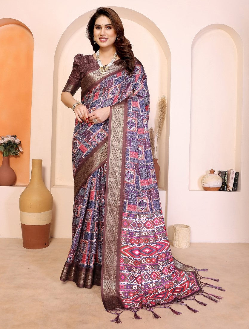 Women's Cotton Silk Kalamkari Printed Saree With Unstitched Blouse - 5.5 Mtr (Multicolor)