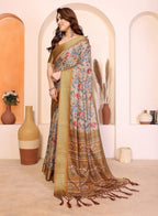 Women's Cotton Silk Floral Kalamkari Printed Saree With Unstitched Blouse - 5.5 Mtr (Beige )