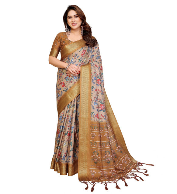 Women's Cotton Silk Floral Kalamkari Printed Saree With Unstitched Blouse - 5.5 Mtr (Beige )