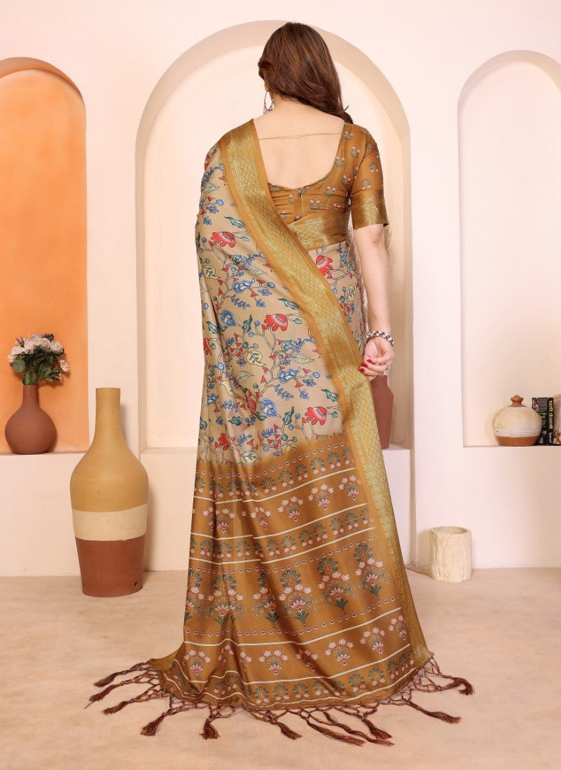 Women's Cotton Silk Floral Kalamkari Printed Saree With Unstitched Blouse - 5.5 Mtr (Beige )