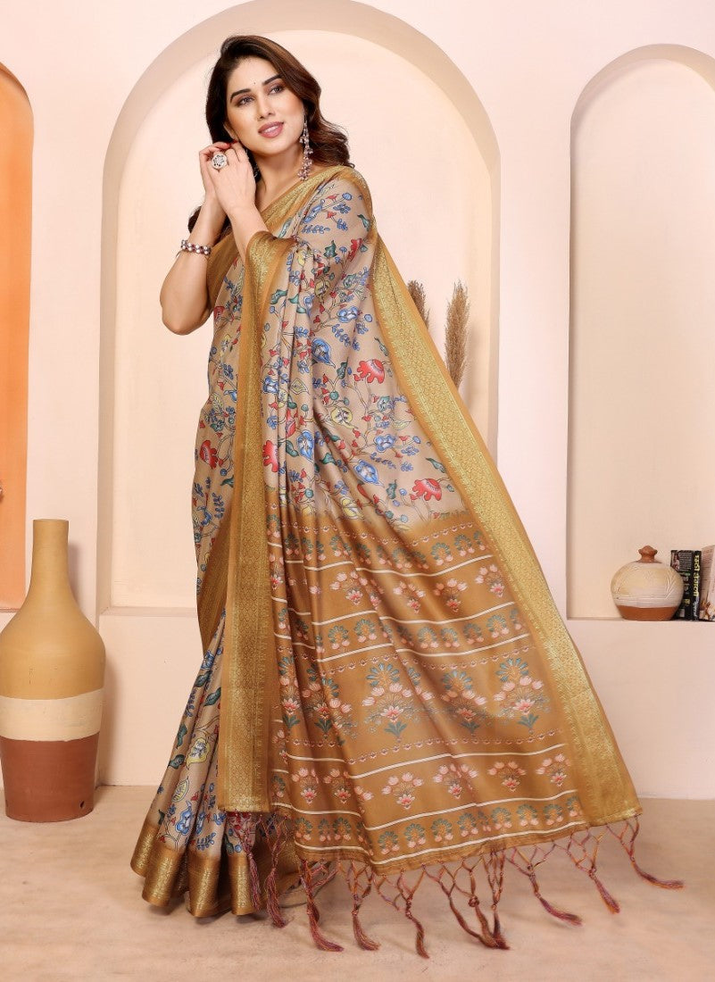Women's Cotton Silk Floral Kalamkari Printed Saree With Unstitched Blouse - 5.5 Mtr (Beige )