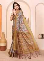 Women's Cotton Silk Floral Kalamkari Printed Saree With Unstitched Blouse - 5.5 Mtr (Beige )
