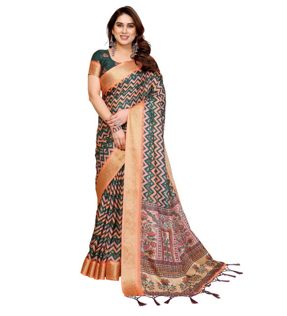 Women's Cotton Silk Kalamkari Printed Saree With Unstitched Blouse - 5.5 Mtr (Multicolor)