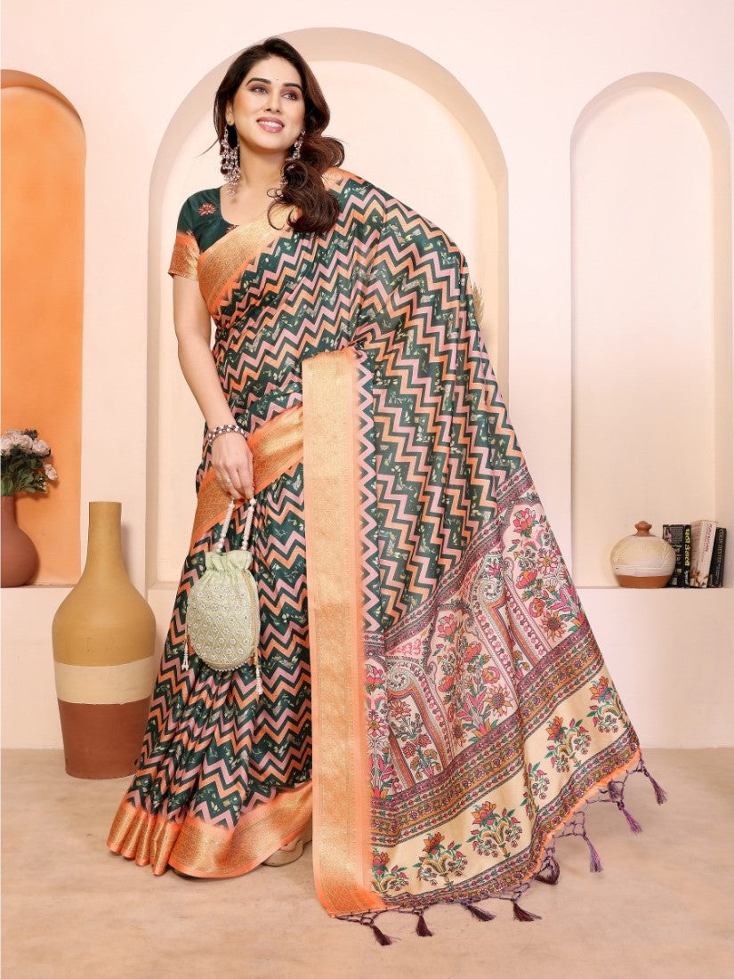Women's Cotton Silk Kalamkari Printed Saree With Unstitched Blouse - 5.5 Mtr (Multicolor)