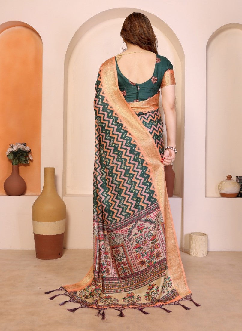 Women's Cotton Silk Kalamkari Printed Saree With Unstitched Blouse - 5.5 Mtr (Multicolor)