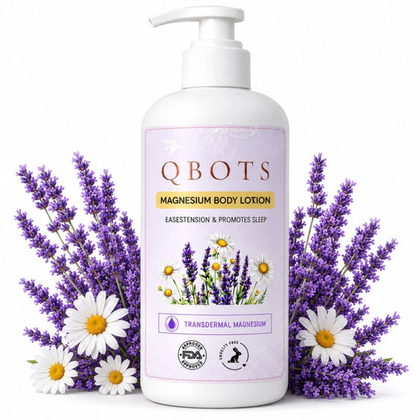 QBOTS Magnesium Body Lotion for Nightly Sleep Muscle Recovery with Lavender &amp; Chamomile | Transdermal Magnesium | Shea Butter &amp; Niacinamide | For Nightly Relaxation &amp; Skin Hydration | 250 ml