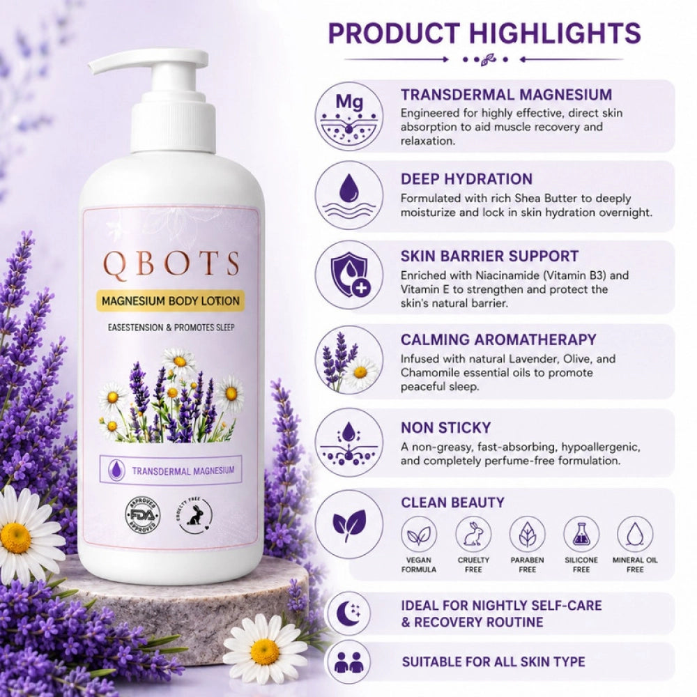 QBOTS Magnesium Body Lotion for Nightly Sleep Muscle Recovery with Lavender &amp; Chamomile | Transdermal Magnesium | Shea Butter &amp; Niacinamide | For Nightly Relaxation &amp; Skin Hydration | 250 ml