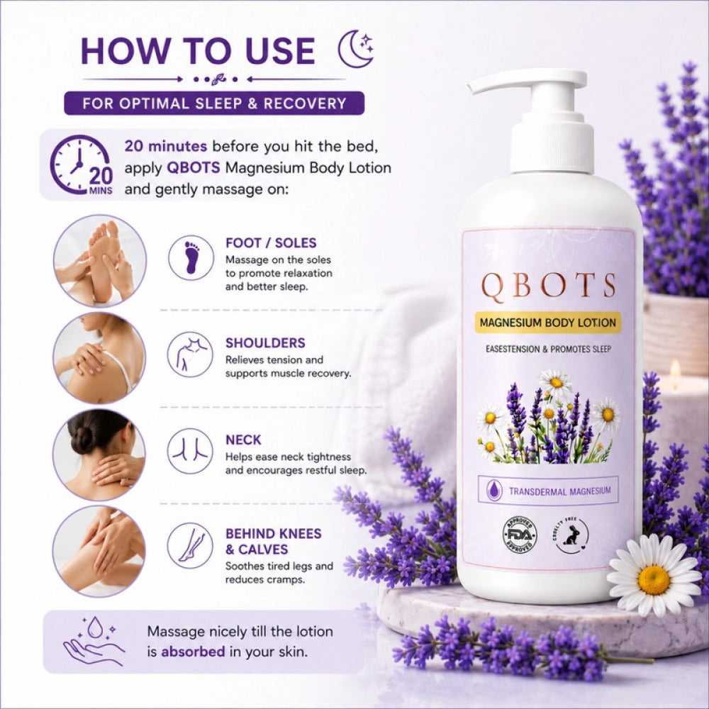 QBOTS Magnesium Body Lotion for Nightly Sleep Muscle Recovery with Lavender &amp; Chamomile | Transdermal Magnesium | Shea Butter &amp; Niacinamide | For Nightly Relaxation &amp; Skin Hydration | 250 ml
