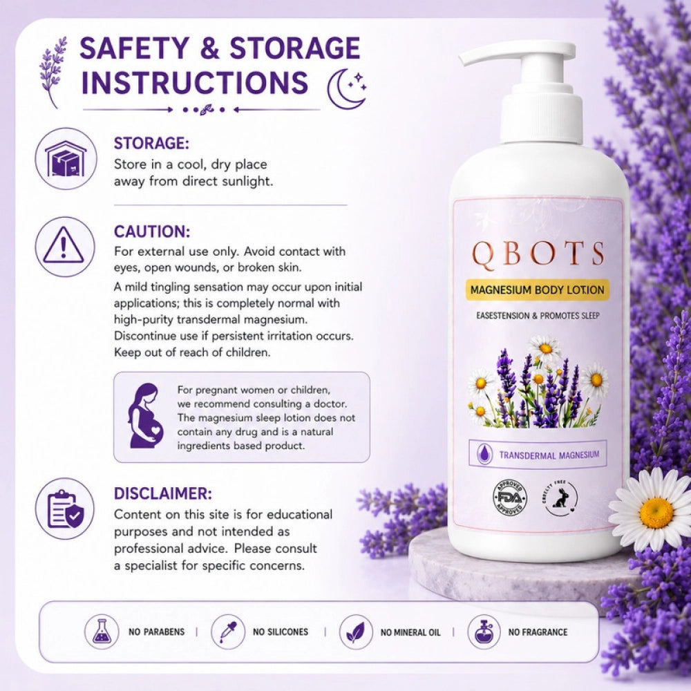 QBOTS Magnesium Body Lotion for Nightly Sleep Muscle Recovery with Lavender &amp; Chamomile | Transdermal Magnesium | Shea Butter &amp; Niacinamide | For Nightly Relaxation &amp; Skin Hydration | 250 ml